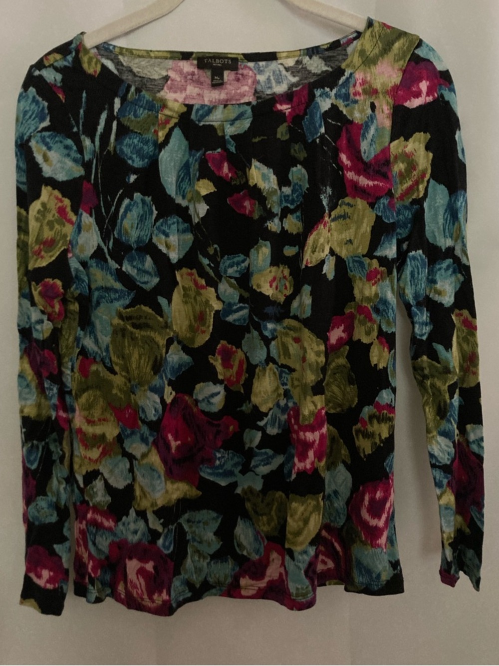 Petite Talbots Black Floral Long Sleeve Tee with Blue, Green & Pink Blooms sz MP